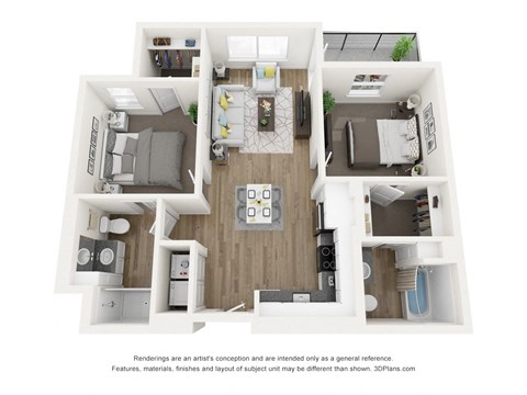Floor plan for 2 beds, 2 baths, 946 sqft